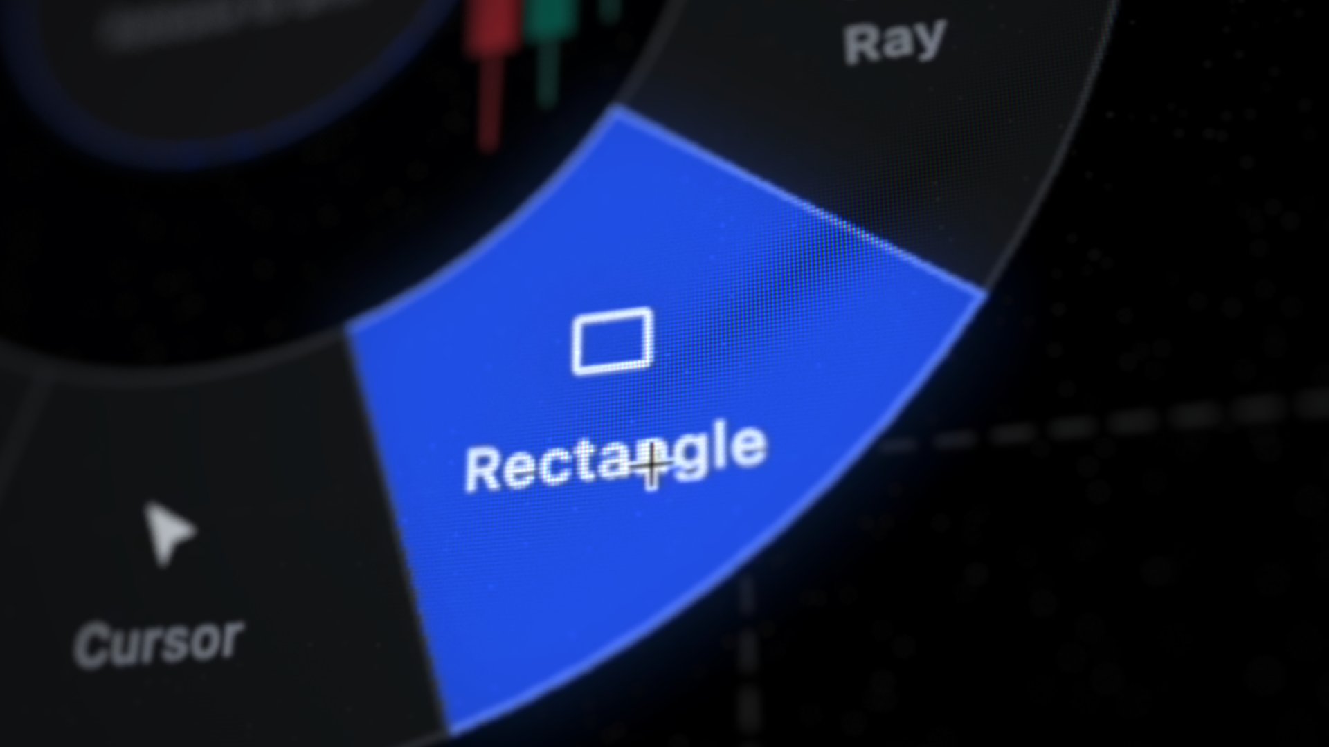 QuantCharts radial drawing menu up close: the Rectangle tool highlighted between Ray and Cursor over a live chart